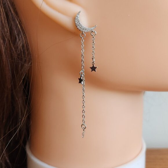 925 SILVER 3 PAIRS DELICATE DANGLE EAR RINGS WITH CZ STONES. - Picture 3 of 16